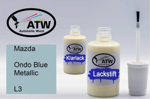 Mazda, Ondo Blue Metallic, L3: 20ml Lackstift + 20ml Klarlack - Set, von ATW Autoteile West.